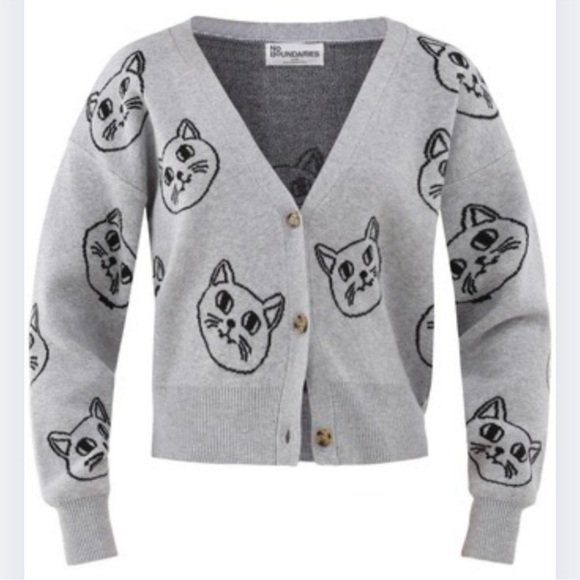No Boundaries Gray Cat Face Women's Cardigan - Picture 3 of 8